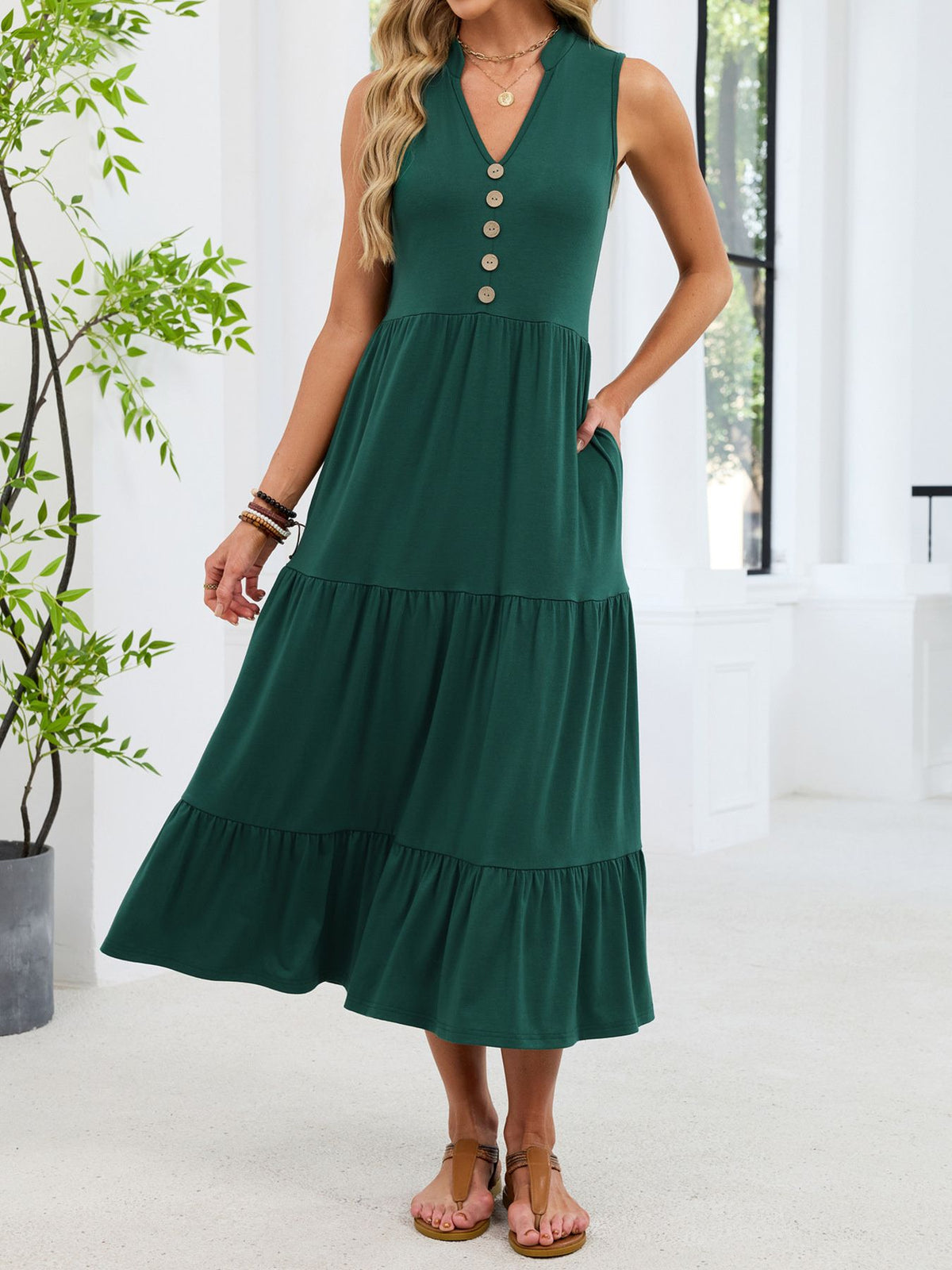 Sleeveless Notched Tiered Midi Dress (18)