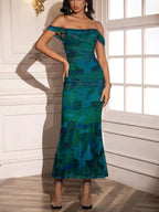 Off-shoulder Ruched Floral Mermaid Dress (2)