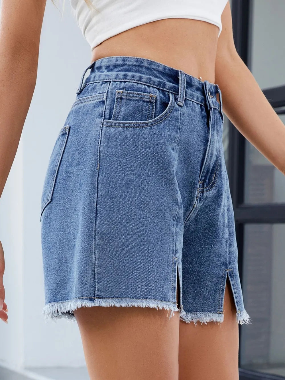 Raw Hem Slit Denim Shorts (6)