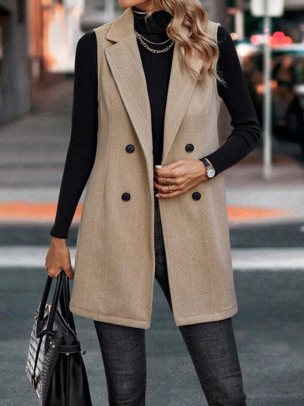 Buttoned Collared Neck Longline Vest Coat (3)