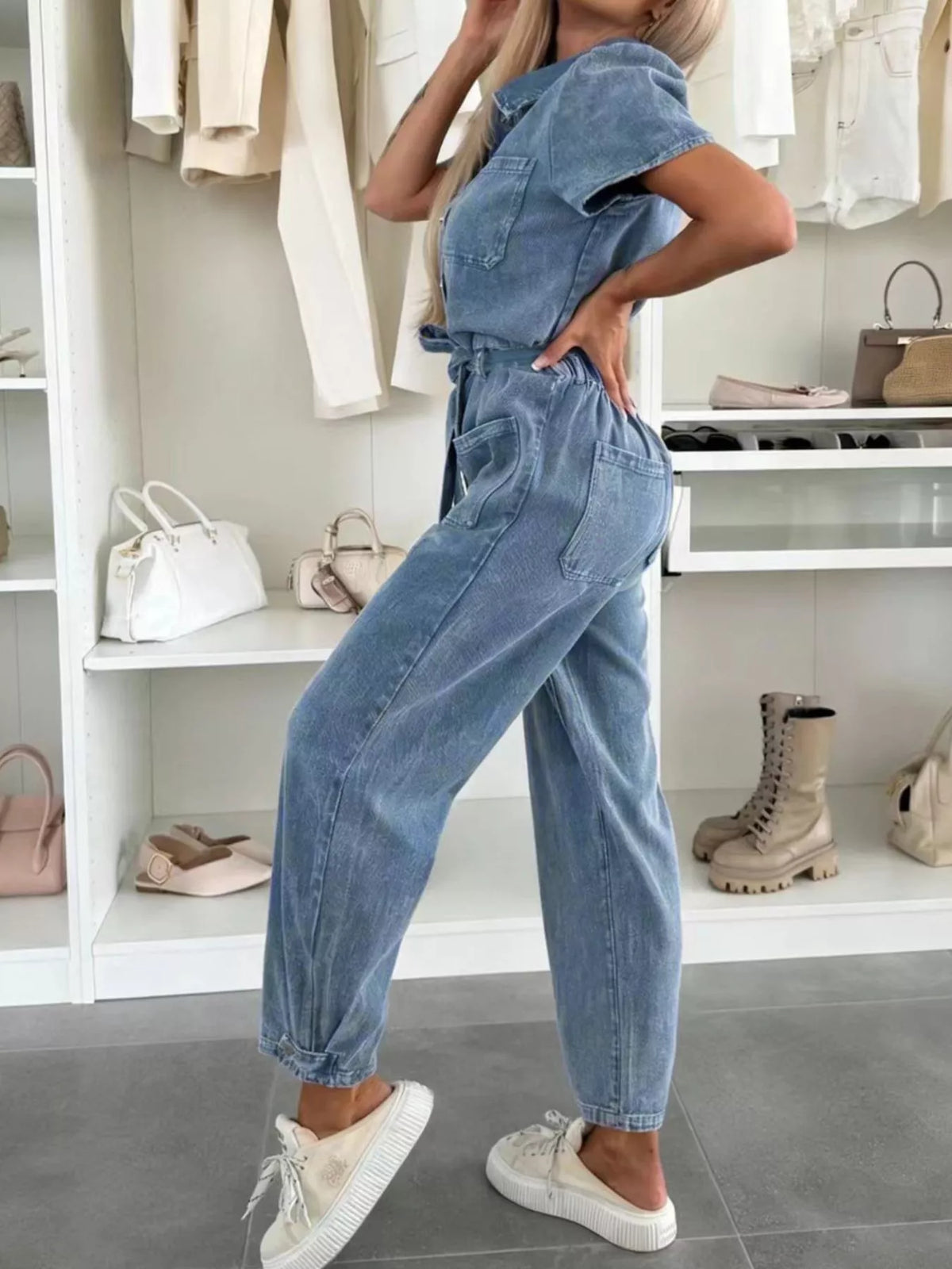 Vintage Wash Short Sleeve Denim Jumpsuit (3)