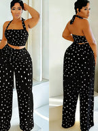 Polka Dot Halter Neck Cami Fringe Trim Pants Set (11)