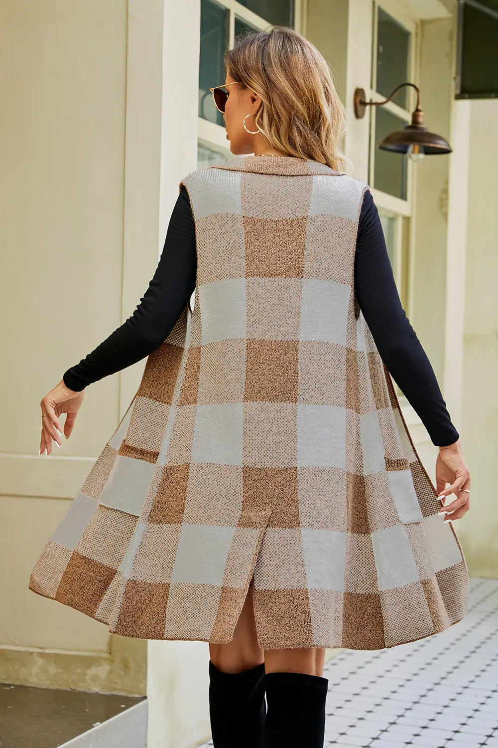 Plaid Open Front Sleeveless Cardigan Pockets (7)