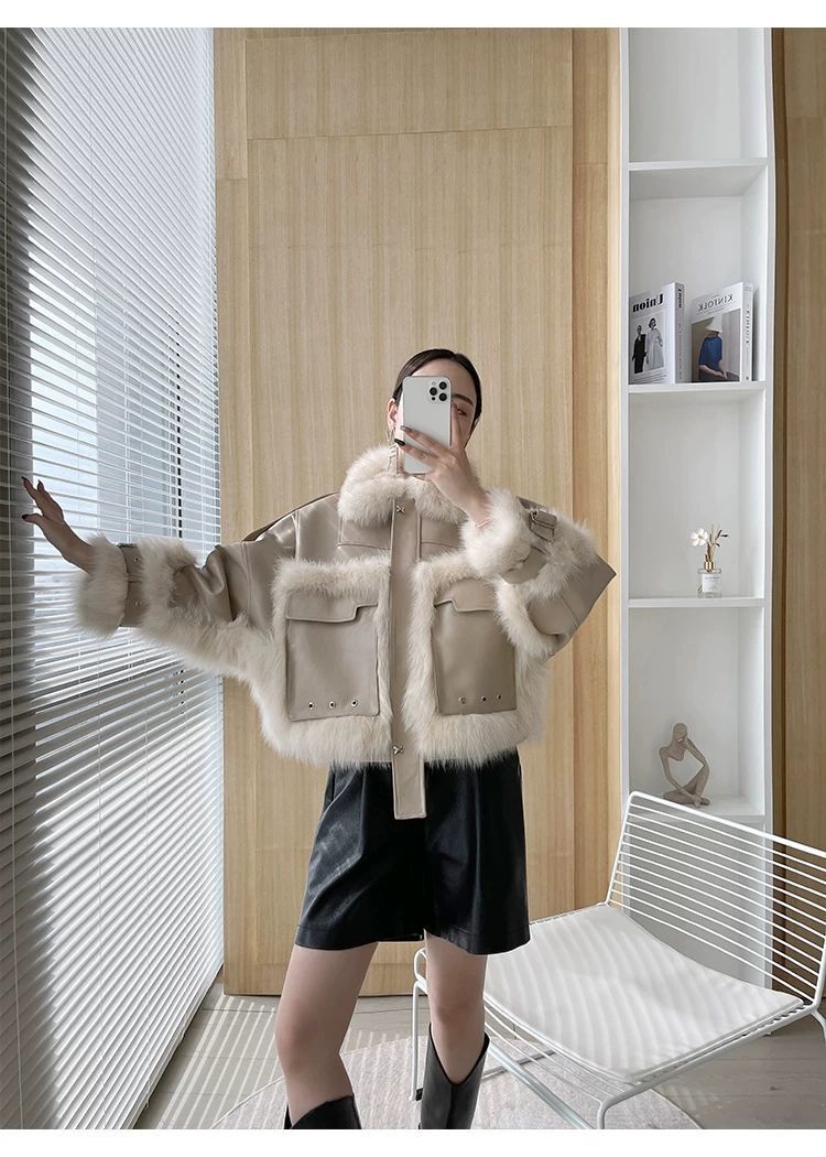Sense Fox Fur Stitching Leather Coat photo 15