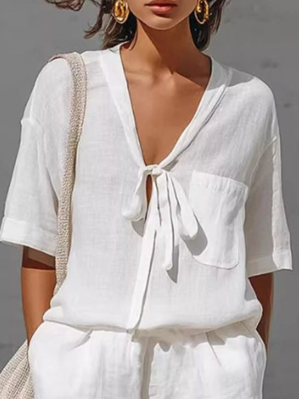 Tie-front Half Sleeve Shirt Shorts Set (4)