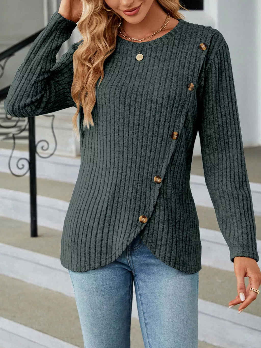 Ribbed Knit Decor Button T-shirt (13)