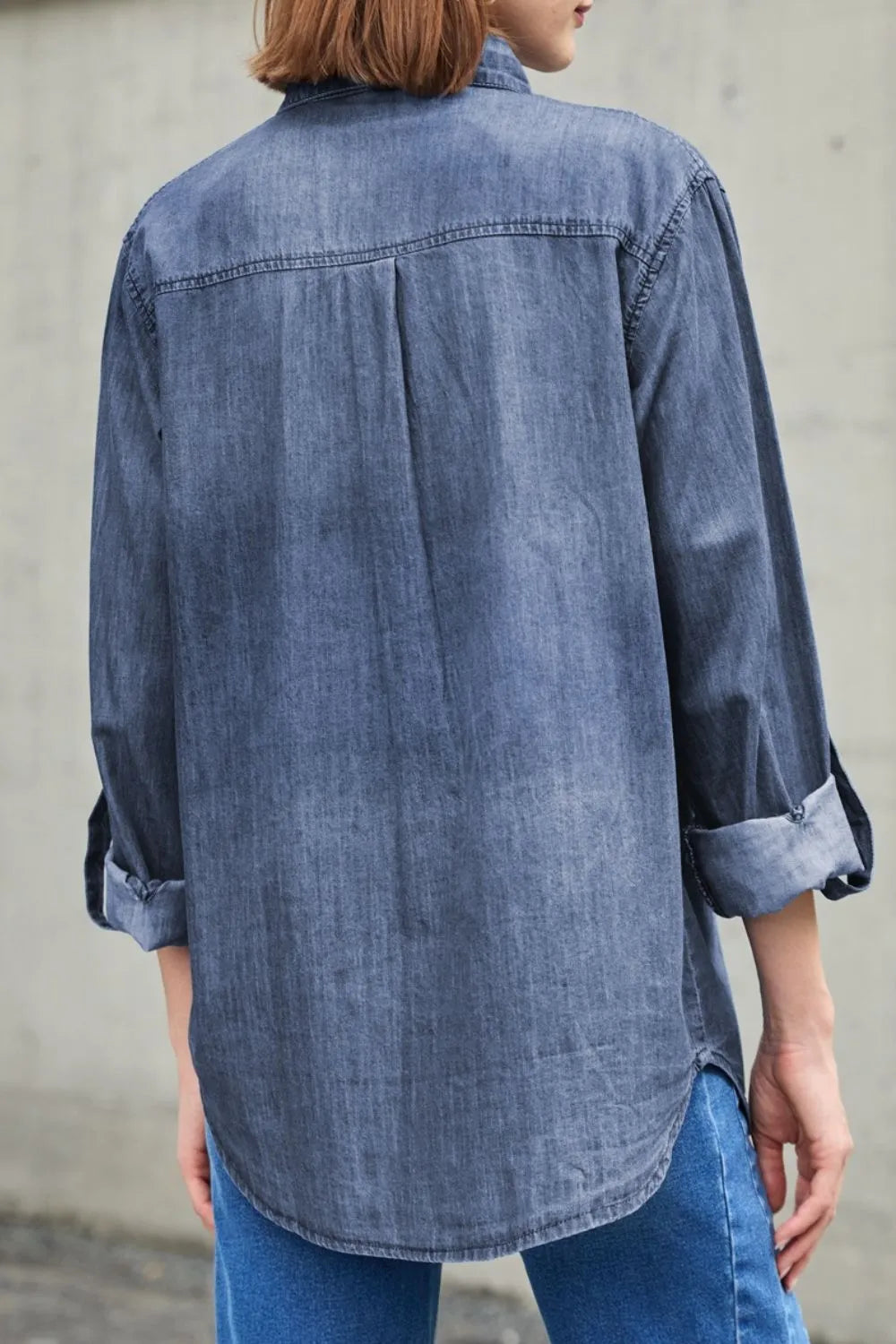 Pocketed Collared Neck Long Sleeve Denim Top (9)