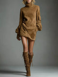 Full Size Suede Turtleneck Lantern Sleeve Mini Dress Plus