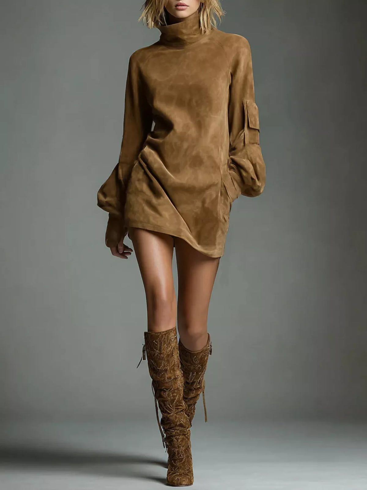 Full Size Suede Turtleneck Lantern Sleeve Mini Dress Plus