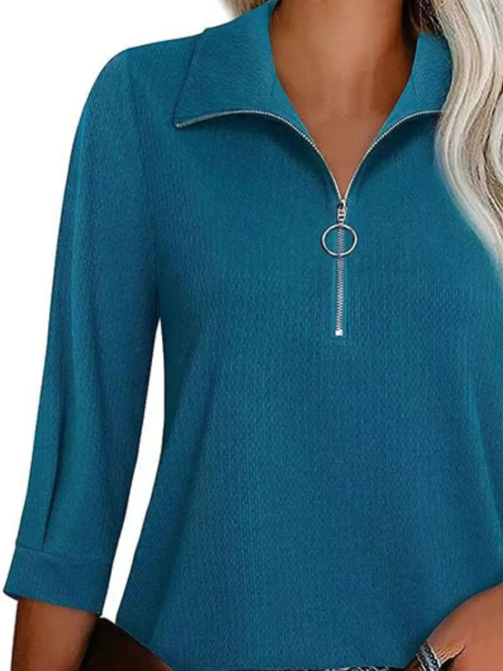Half Zip Collared Neck Three-quarter Sleeve T-shirt (6)