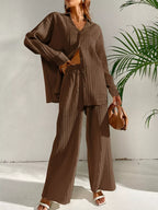 Long Sleeve Shirt Wide Leg Pants Set (3)