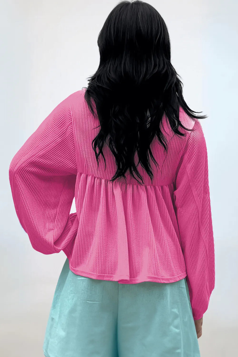 Corded Johnny Collar Long Sleeve Babydoll Blouse (10)