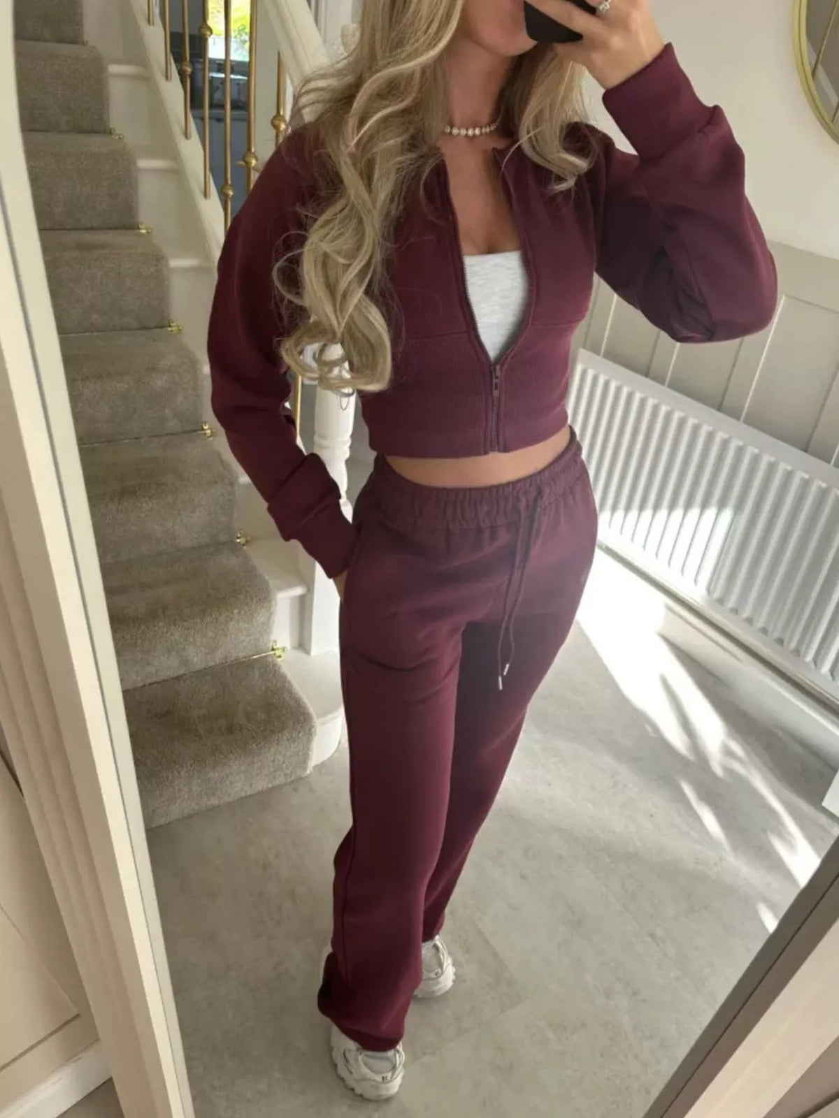 Zip-up Crop Hoodie High-waisted Pants Set (25)