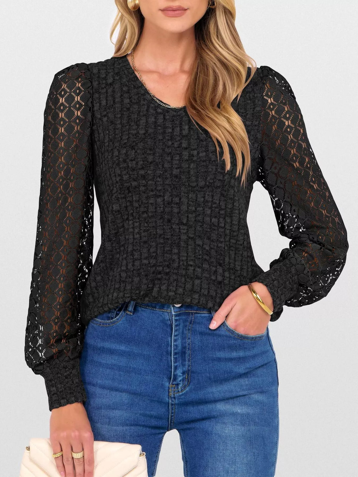 Lace Sleeve V-neck T-shirt (14)