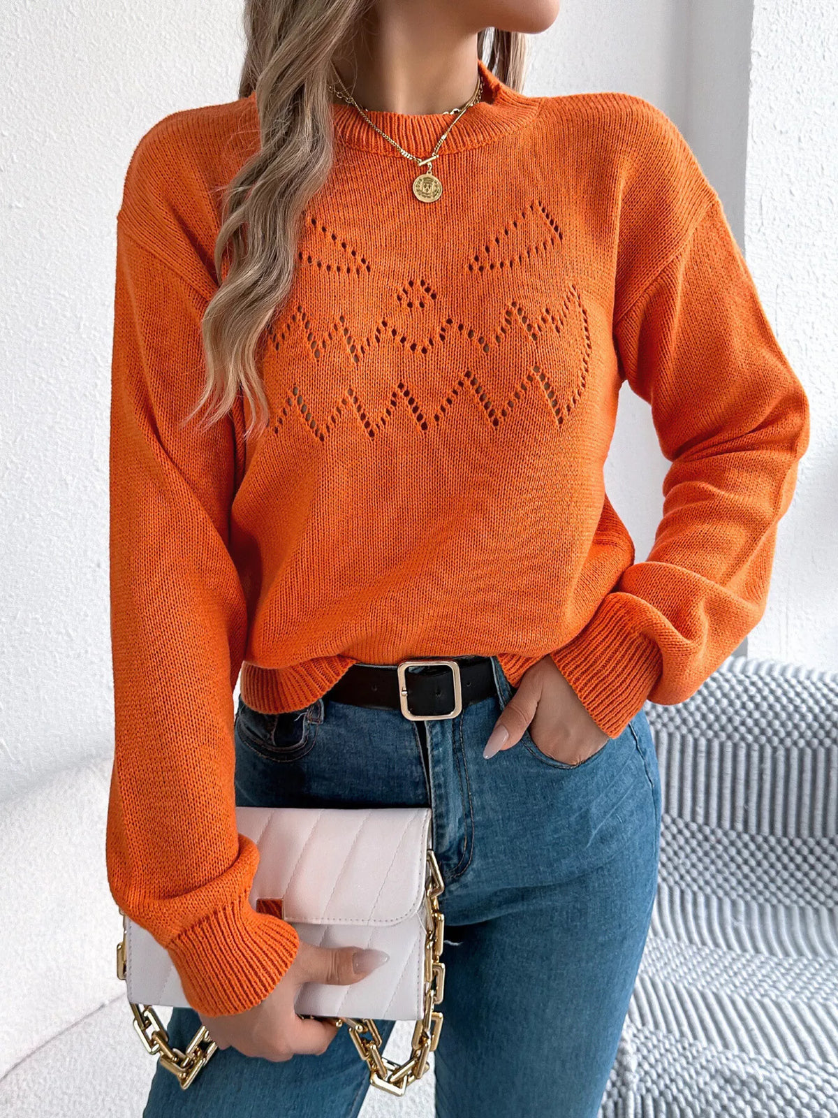 Openwork Round Neck Long Sleeve Sweater (11)