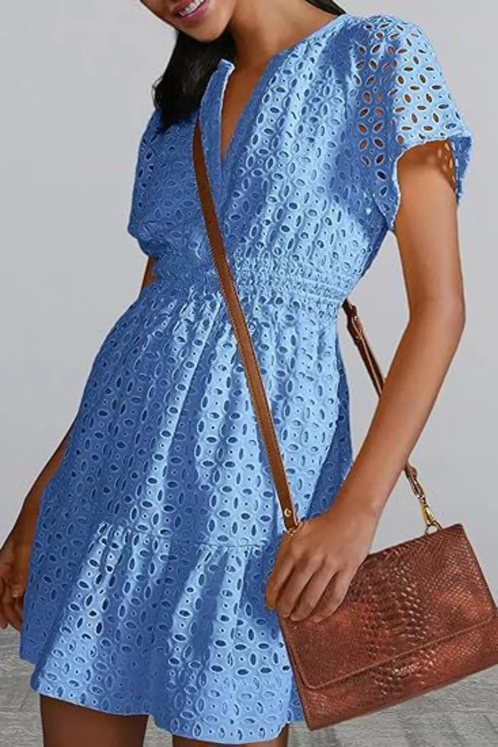 Eyelet Notched Short Sleeve Mini Dress (14)