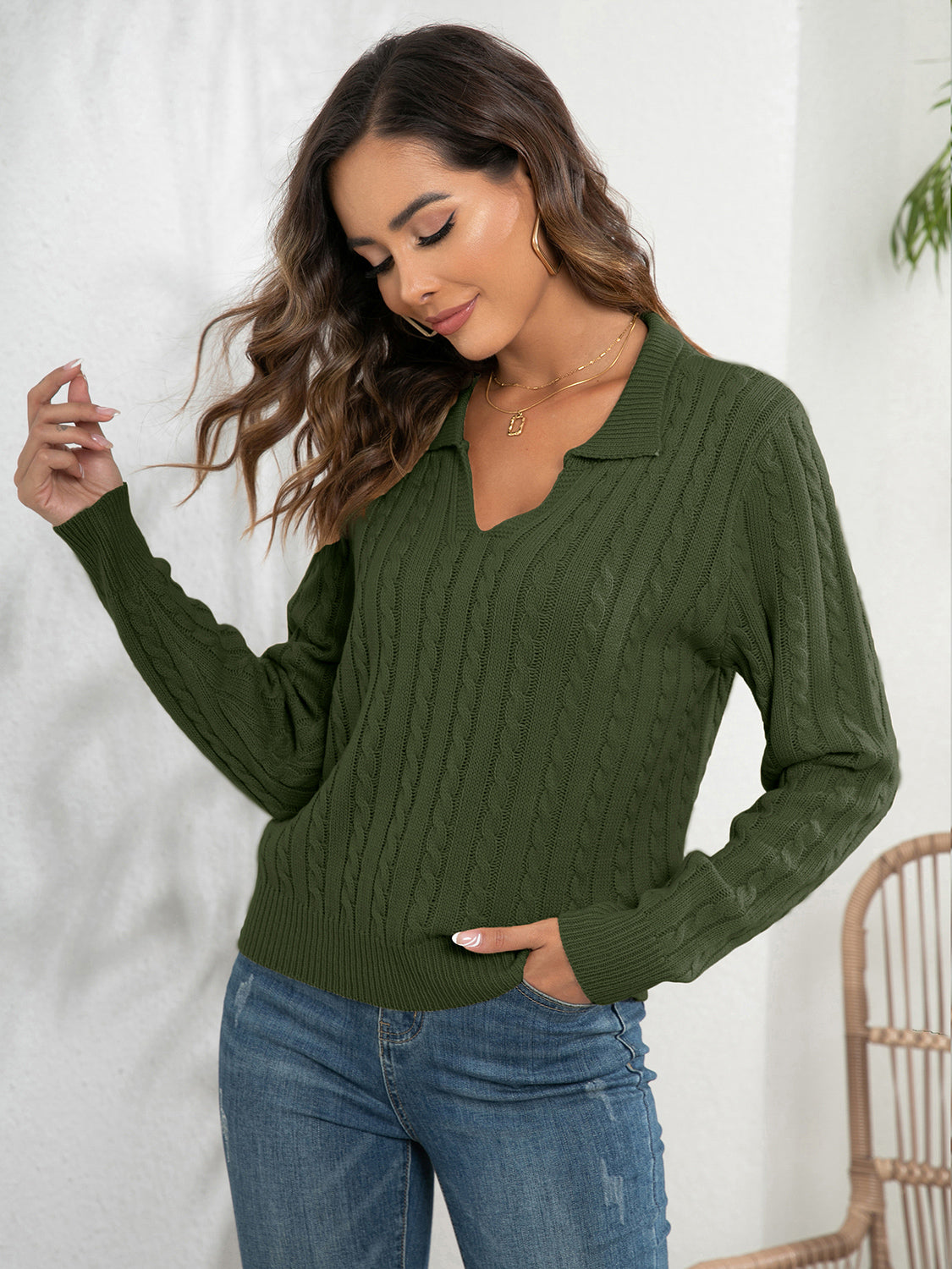 Johnny Collar Cable-knit Long Sleeve Sweater (3)