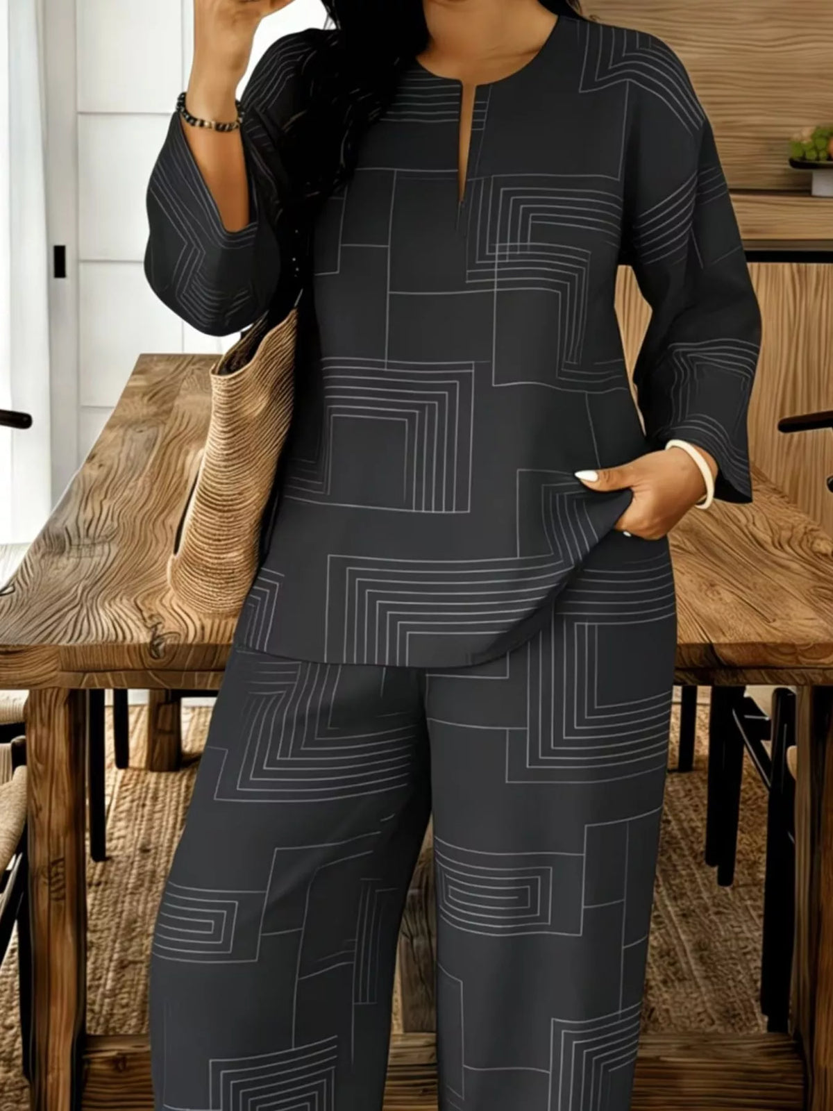 Geometric Print Relaxed Fit Top Pants Set (5)