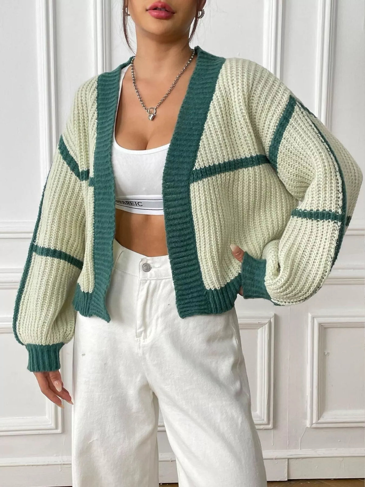 Color-block Ribbed Knit Open-front Cropped Cardigan (8)