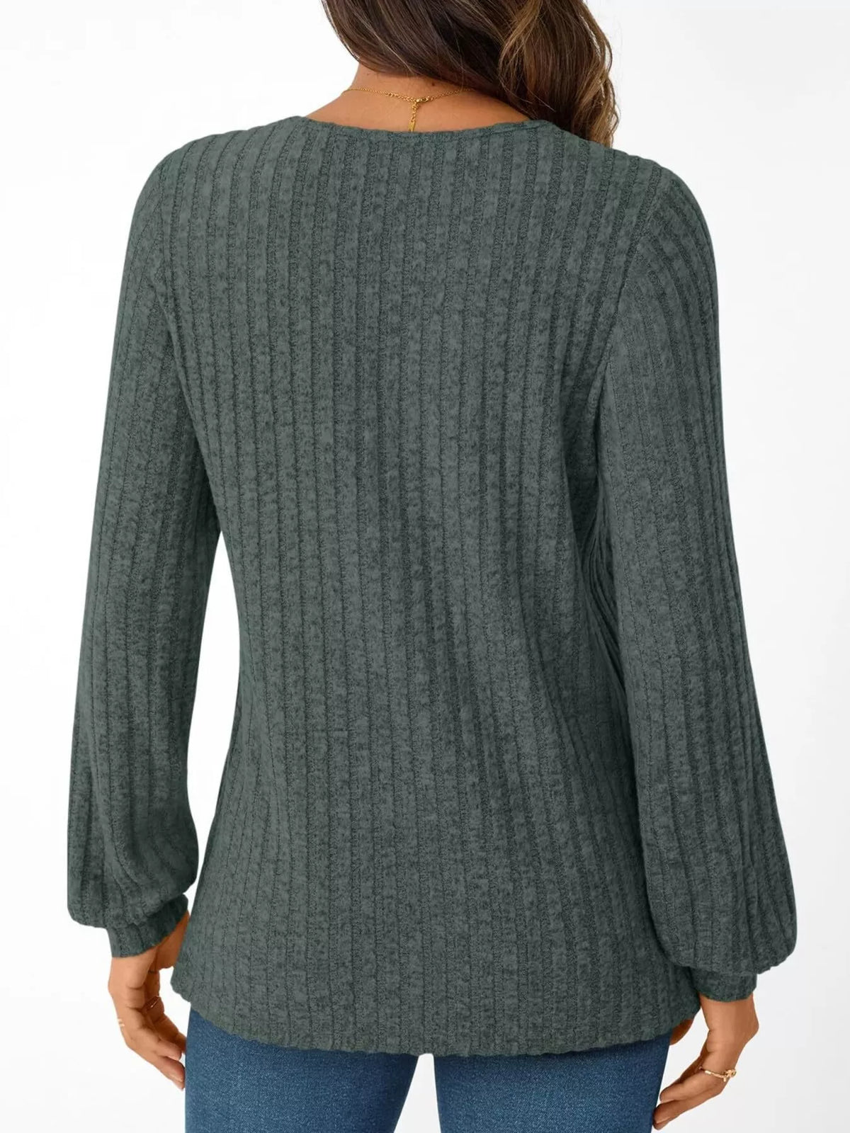 Ribbed Knit V-neck Long Sleeve T-shirt (3)