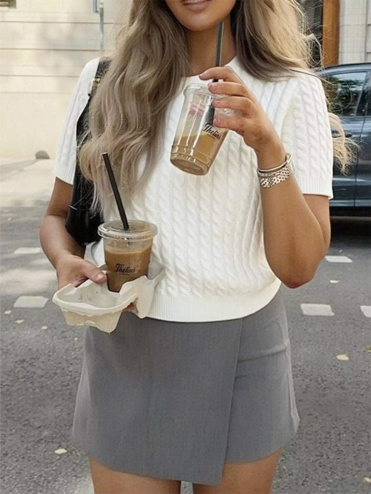 Cable-knit Short Sleeve Sweater (2)