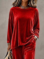 Full Size Velvet Long Sleeve Top Pants Set Plus (2)