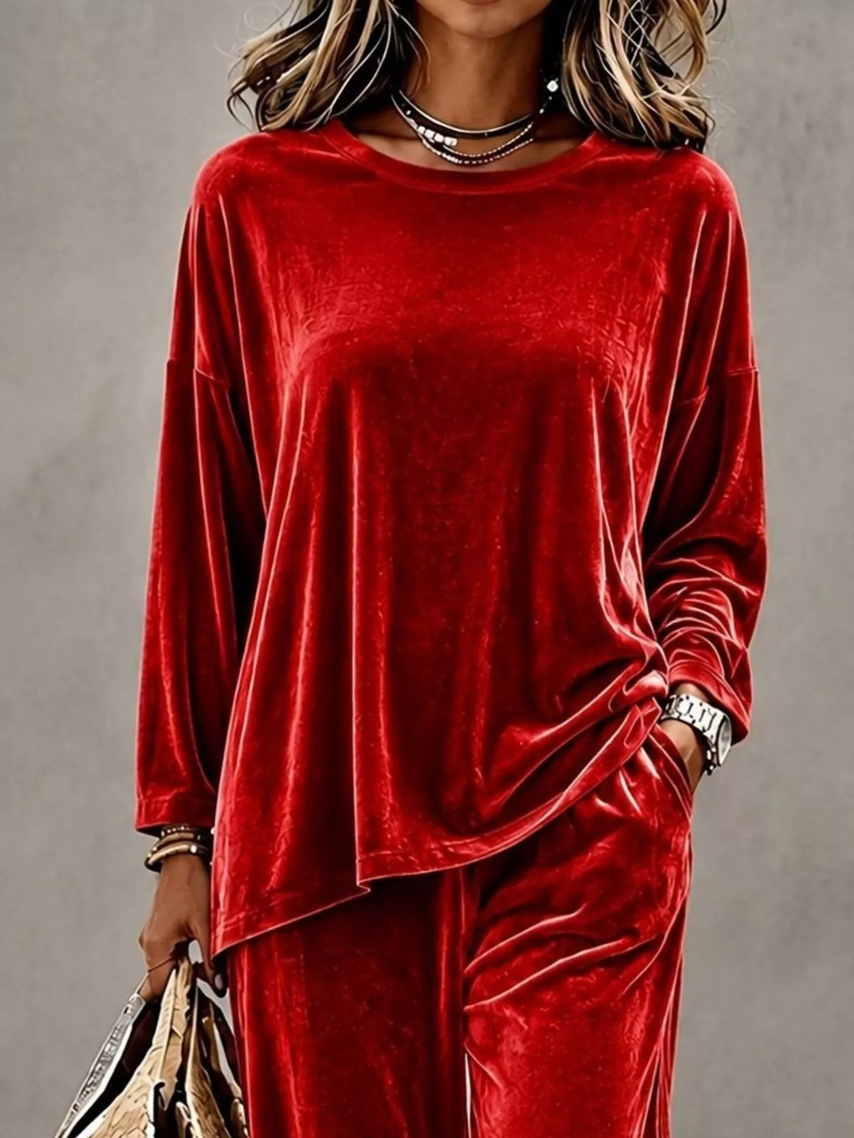 Full Size Velvet Long Sleeve Top Pants Set Plus (2)