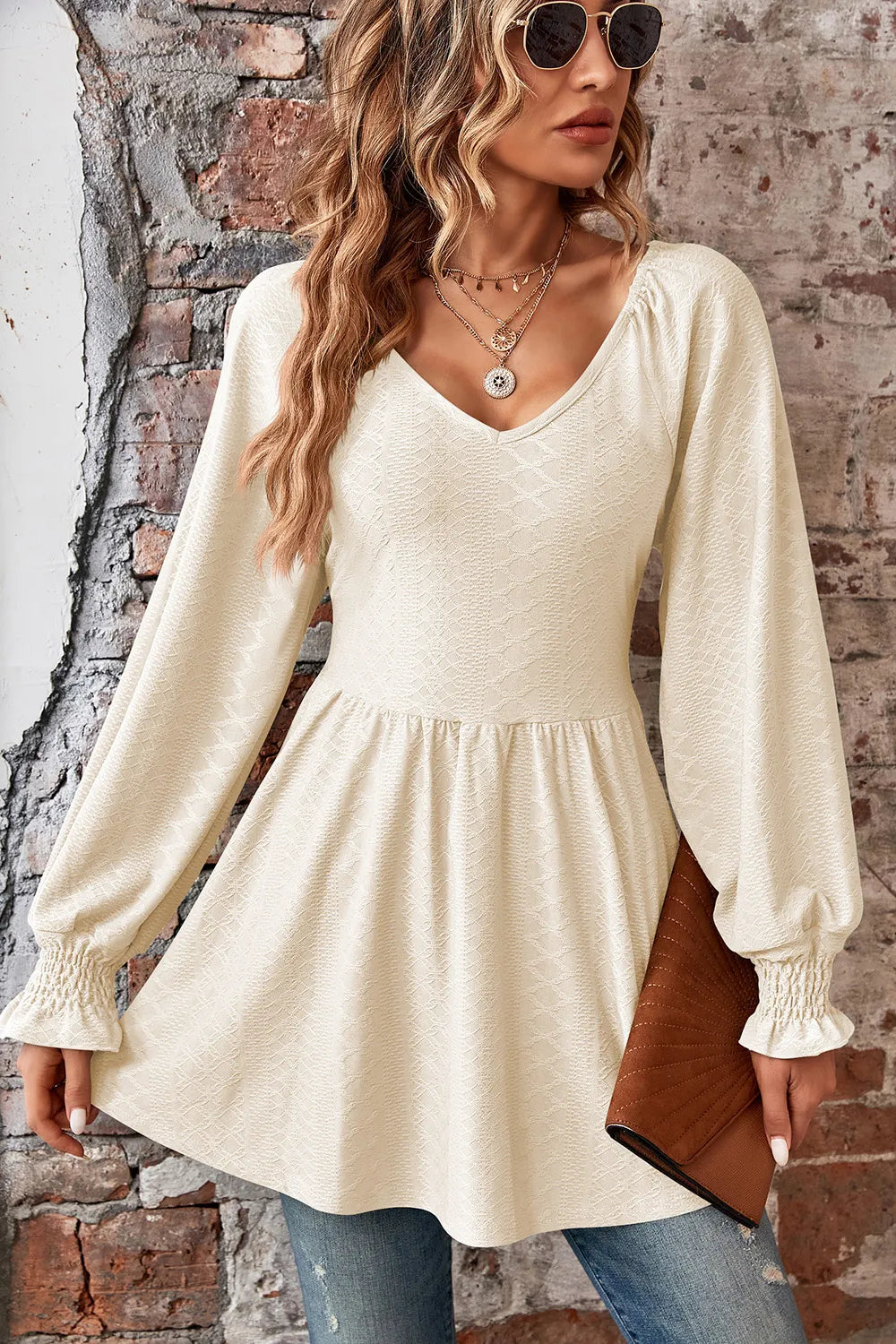 Peplum V-neck Long Sleeve Blouse (26)