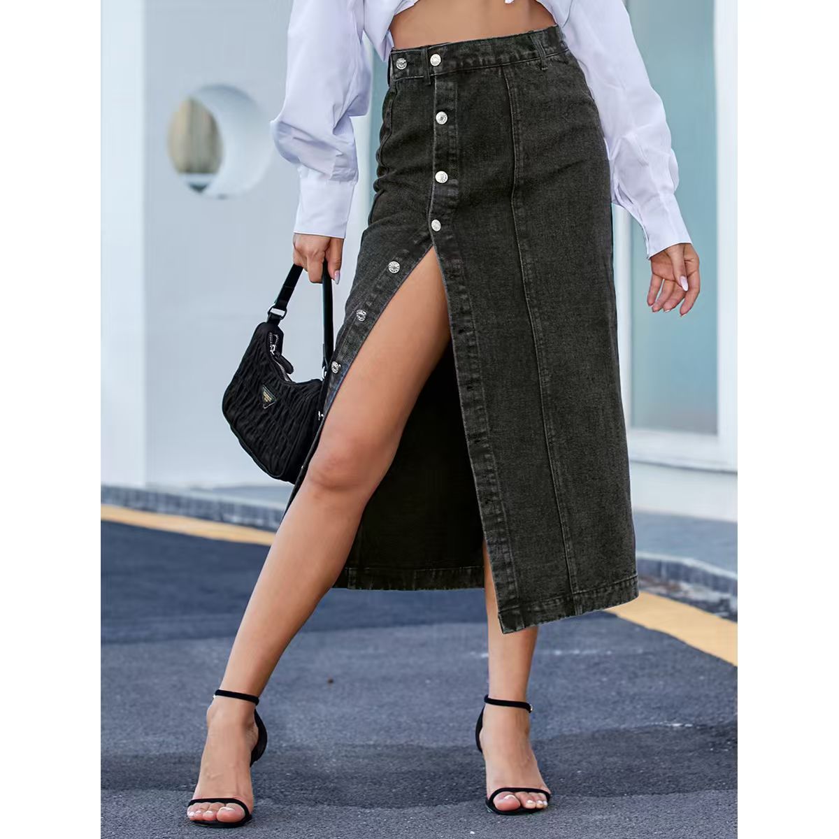 Button Denim High Waist Skirt variant CJWS320763021UF|CJWS320763022VE|CJWS320763023WD|CJWS320763024XC