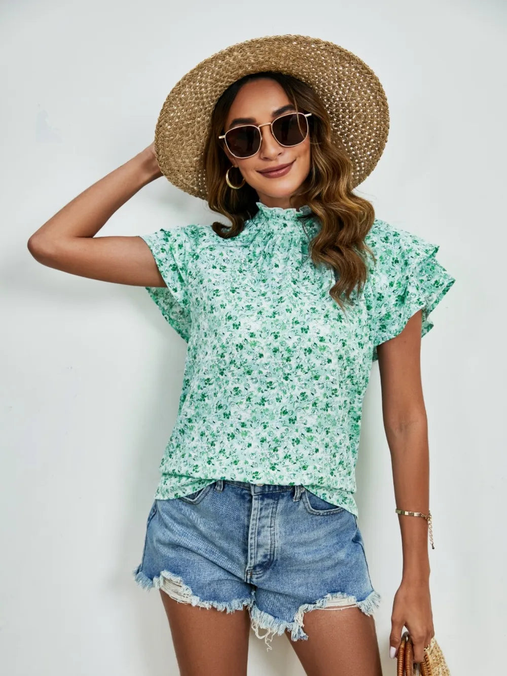Ditsy Floral Mock Neck Flounce Sleeve Blouse (18)