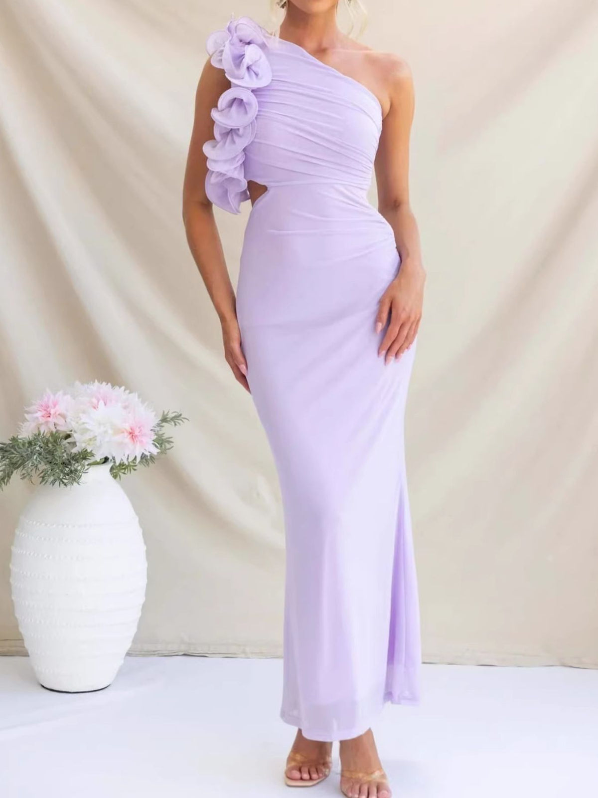 One-shoulder Floral Trim Sleeveless Maxi Dress (16)