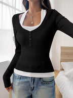 Scoop Neck Long Sleeve Fake Two-piece T-shirt (12)
