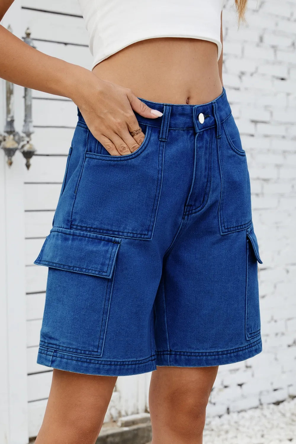 High Rise Denim Shorts Cargo Pockets (2)