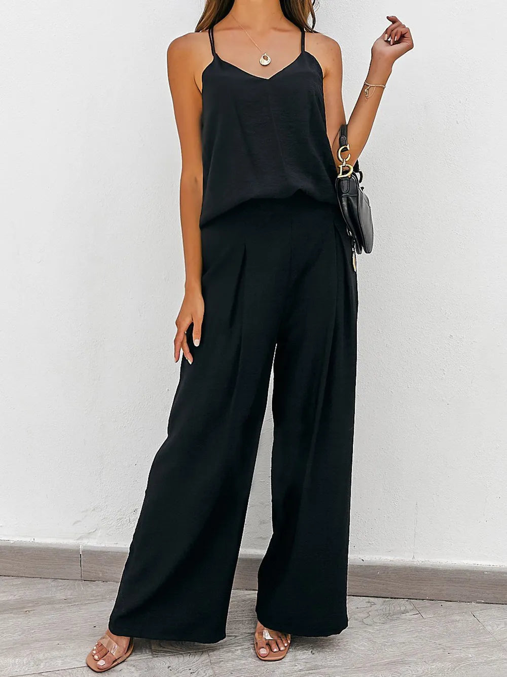 Spaghetti Strap Cami Wide Leg Pants Set