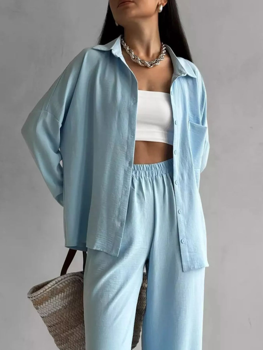 Button Up Long Sleeve Shirt Pants Set (3)