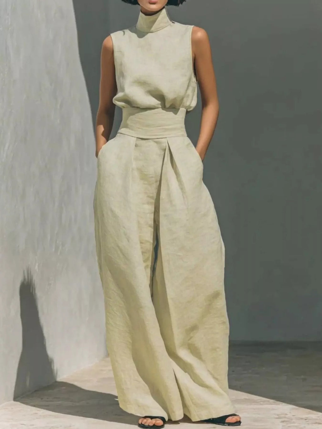 Turtleneck Sleeveless Top Wide-leg Pants Set