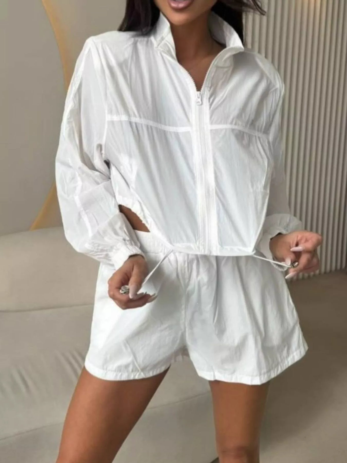 Zip-up Crop Jacket High-waisted Shorts Set (12)