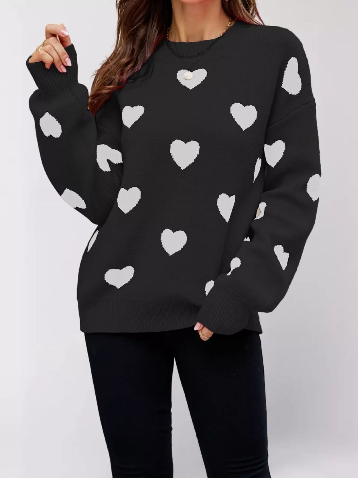 Heart-patterned Dropped Shoulder Sweater (5)