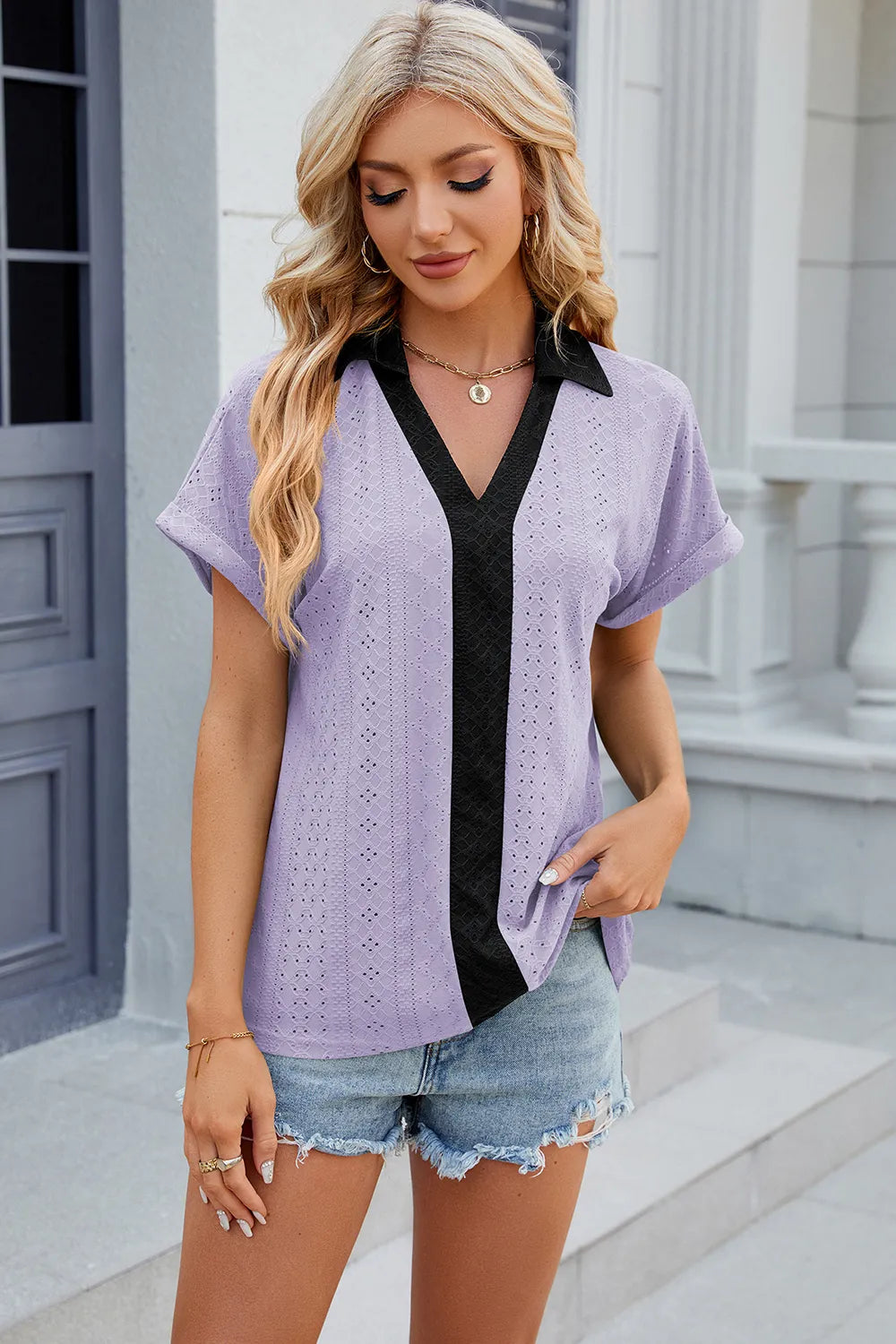 Eyelet Johnny Collar Short Sleeve T-shirt (30)