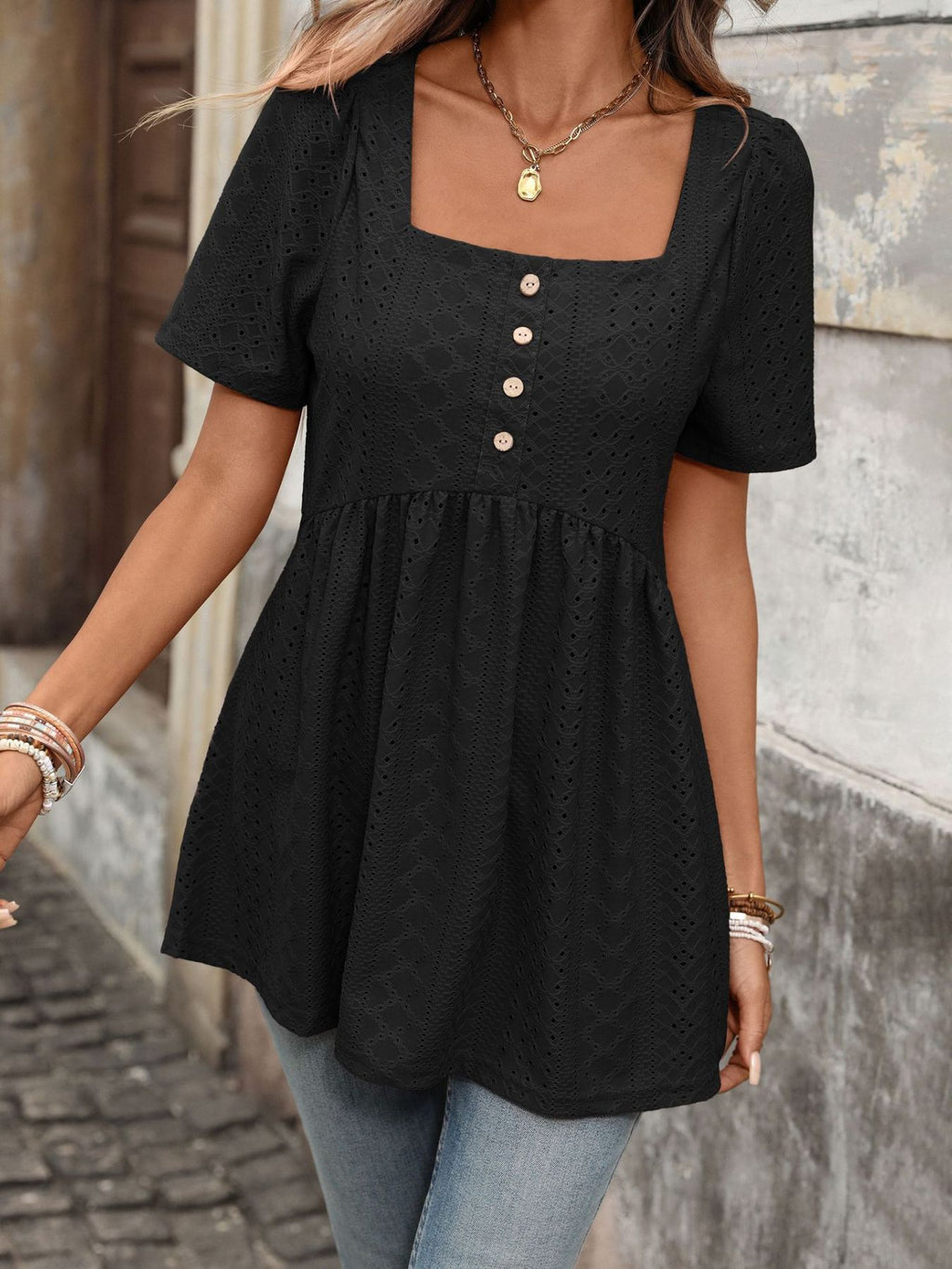 Eyelet Square Neck Short Sleeve Top (9)