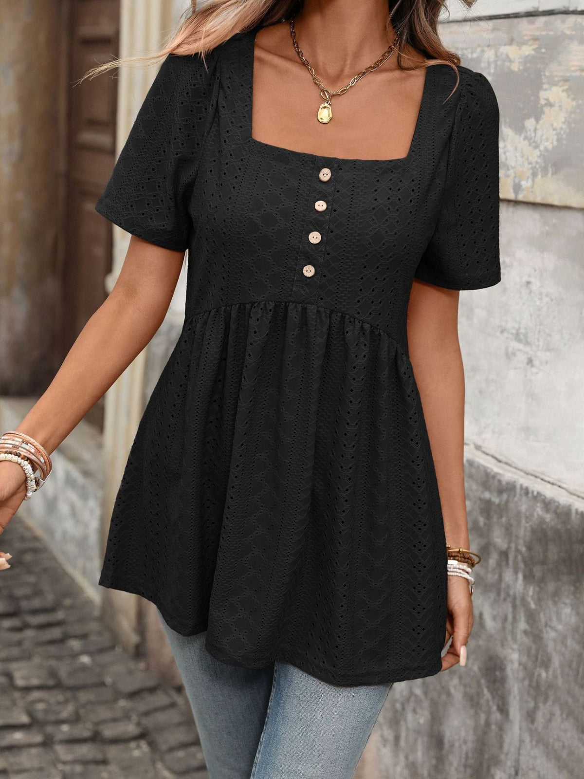 Eyelet Square Neck Short Sleeve Top (9)