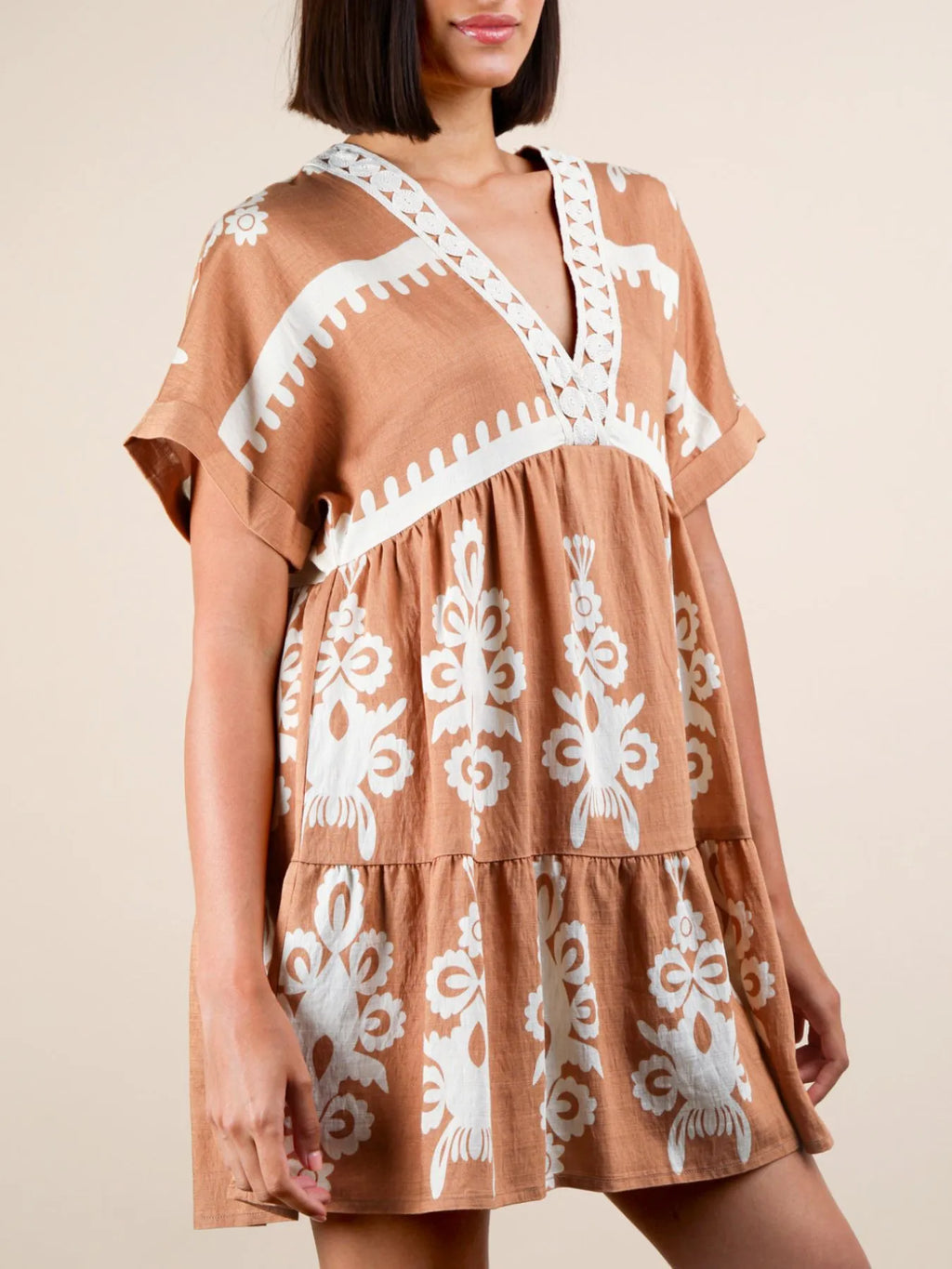 Printed V-neck Short Sleeve Mini Dress (7)
