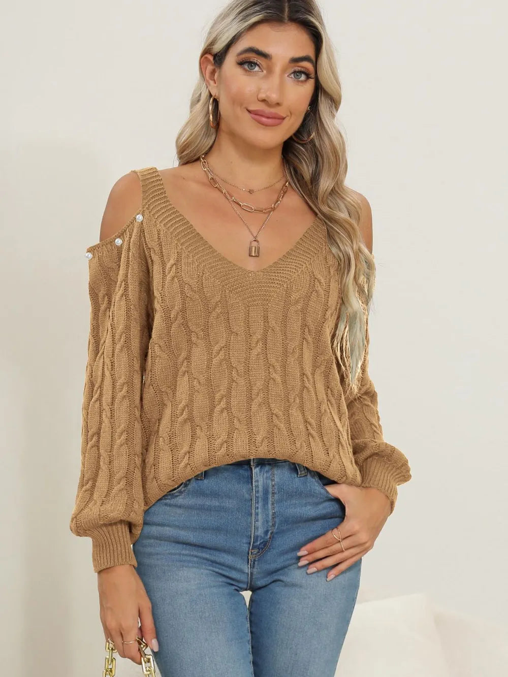 Cable-knit Cold Shoulder Sweater (12)