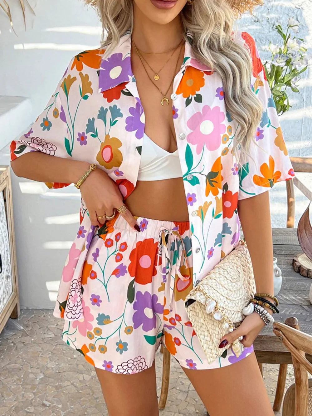 Printed Button Down Shirt Shorts Set (6)