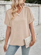 Cord Ribbed V-neck Short Sleeve T-shirt (3)