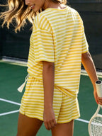 Striped Short Sleeve Tee Drawstring Shorts Set (6)