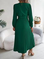 Pleated Tied V-neck Long Sleeve Dress (14)