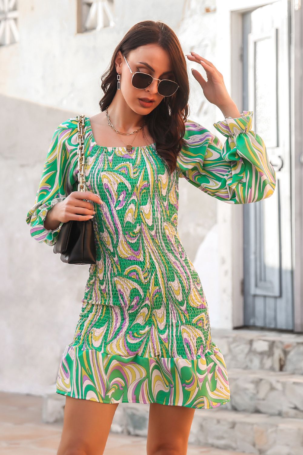 Abstract Print Square Neck Smocked Dress (5)