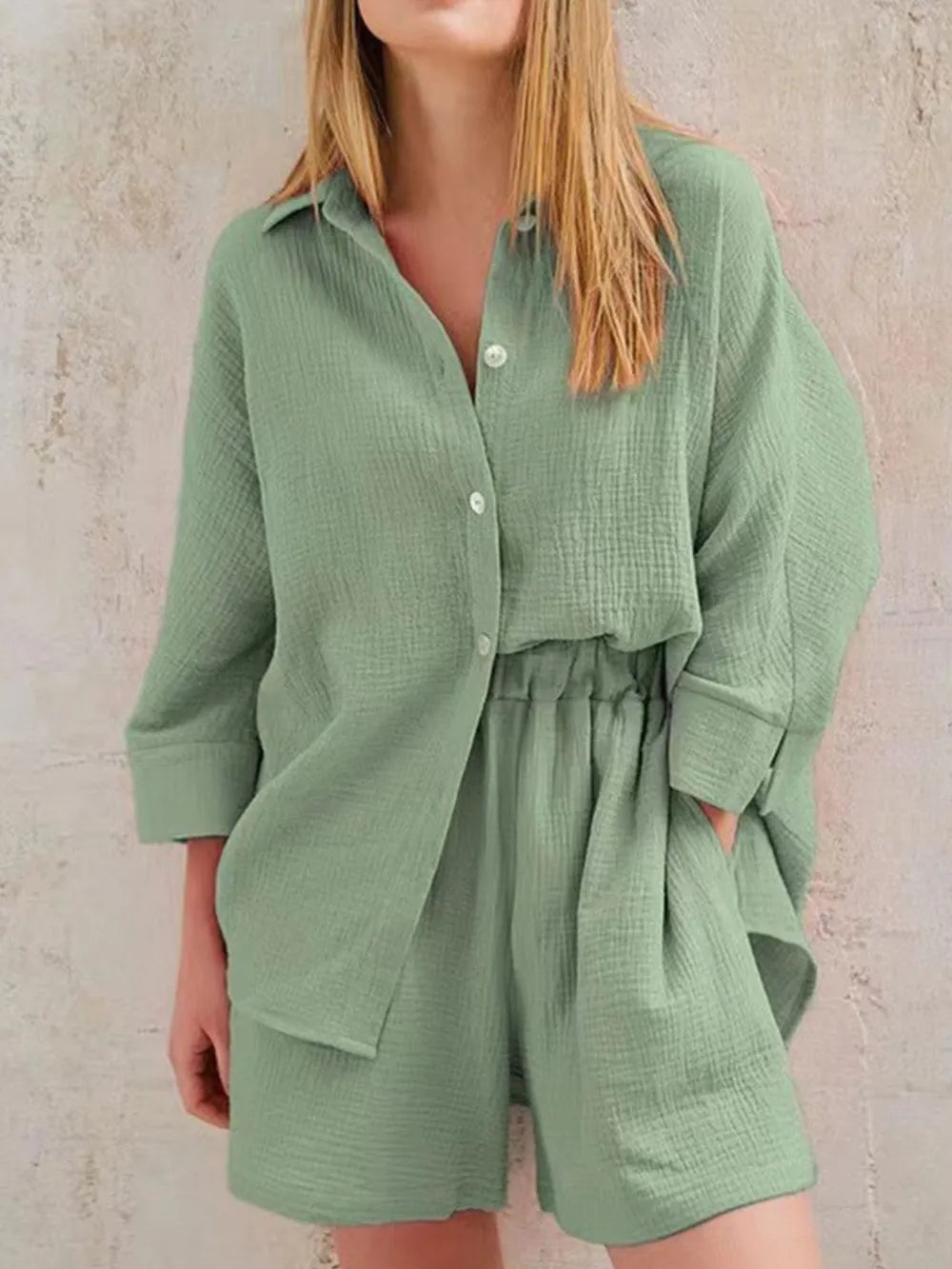Texture Button Up Shirt Shorts Set (34)