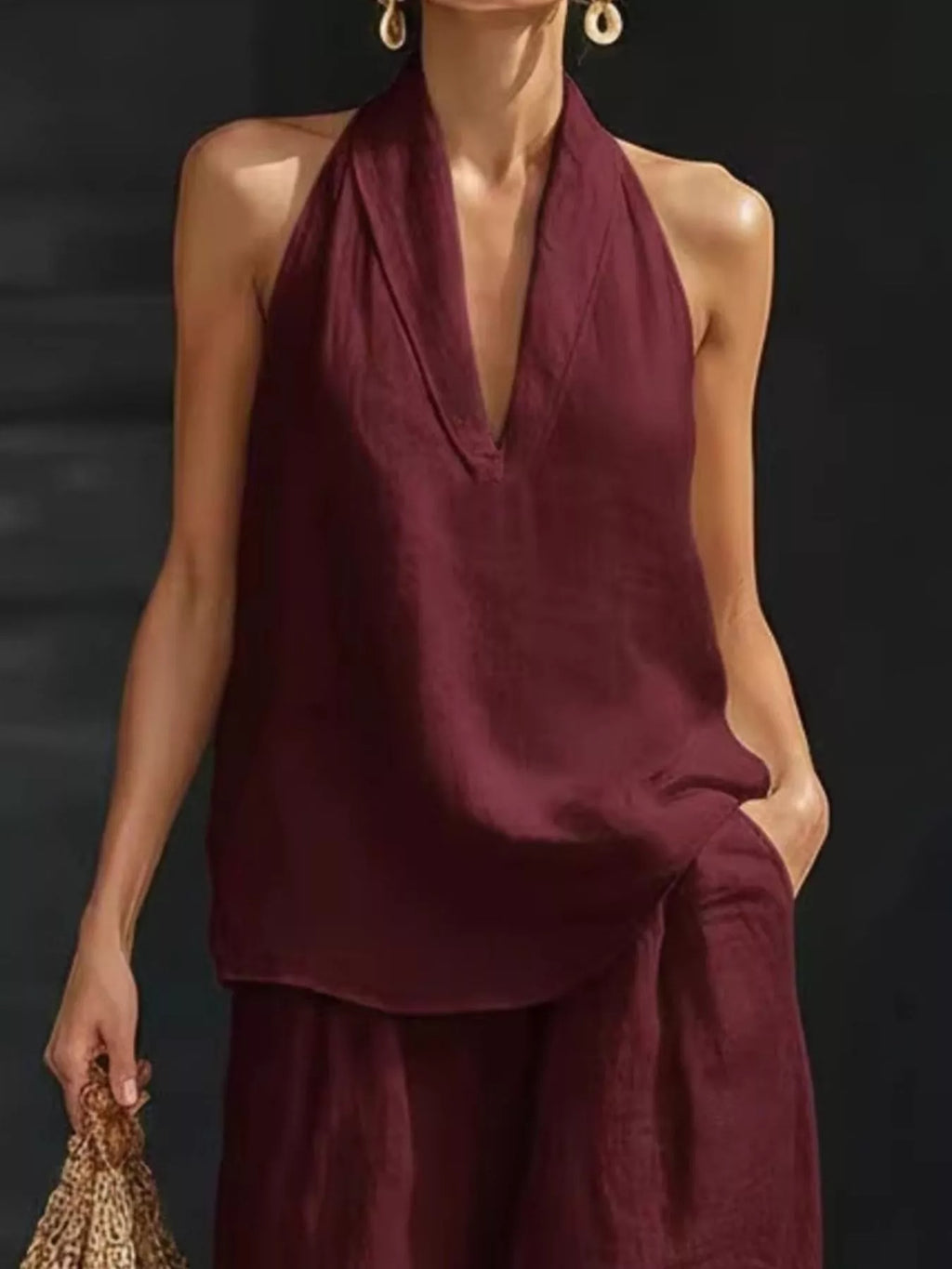 Full Size Halter Neck Top Wide Leg Pants Set Plus (13)